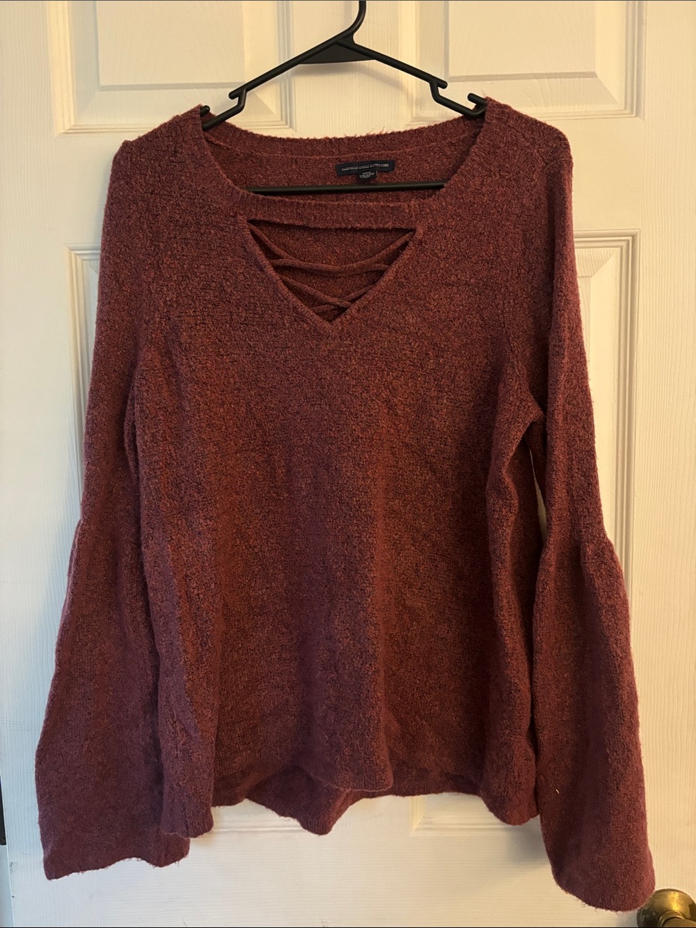 American Eagle Outfitters Burgundy Crisscross V-Neck Bell Sleeve Sweater
